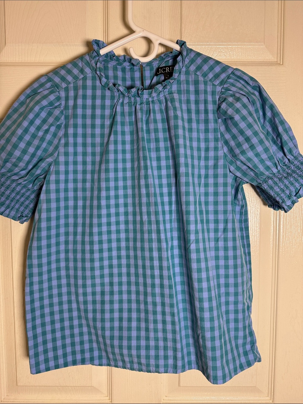 J. Crew Gingham Ruffle Neck Blouse Sz  Small